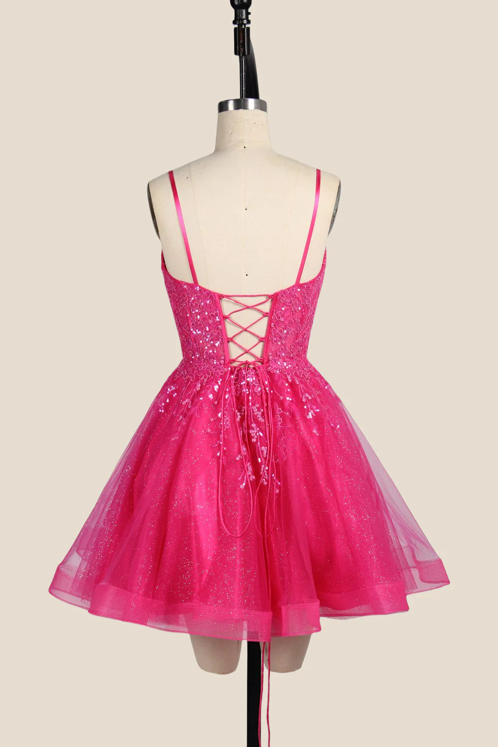 Hot Pink Appliques Tulle A-line Short Dress - Image 2