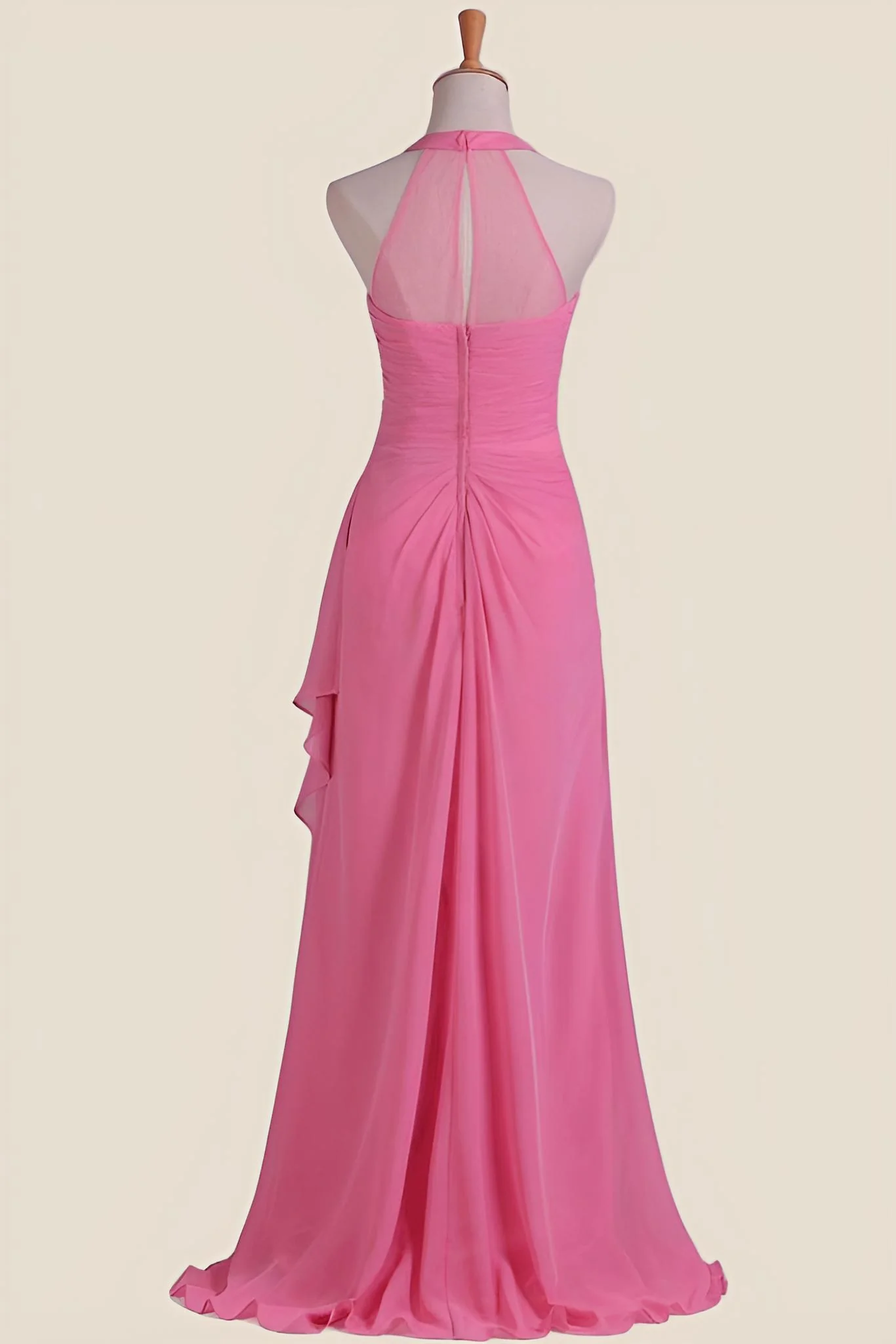 Hot Pink Halter Chiffon Draped Long Dress - Image 2