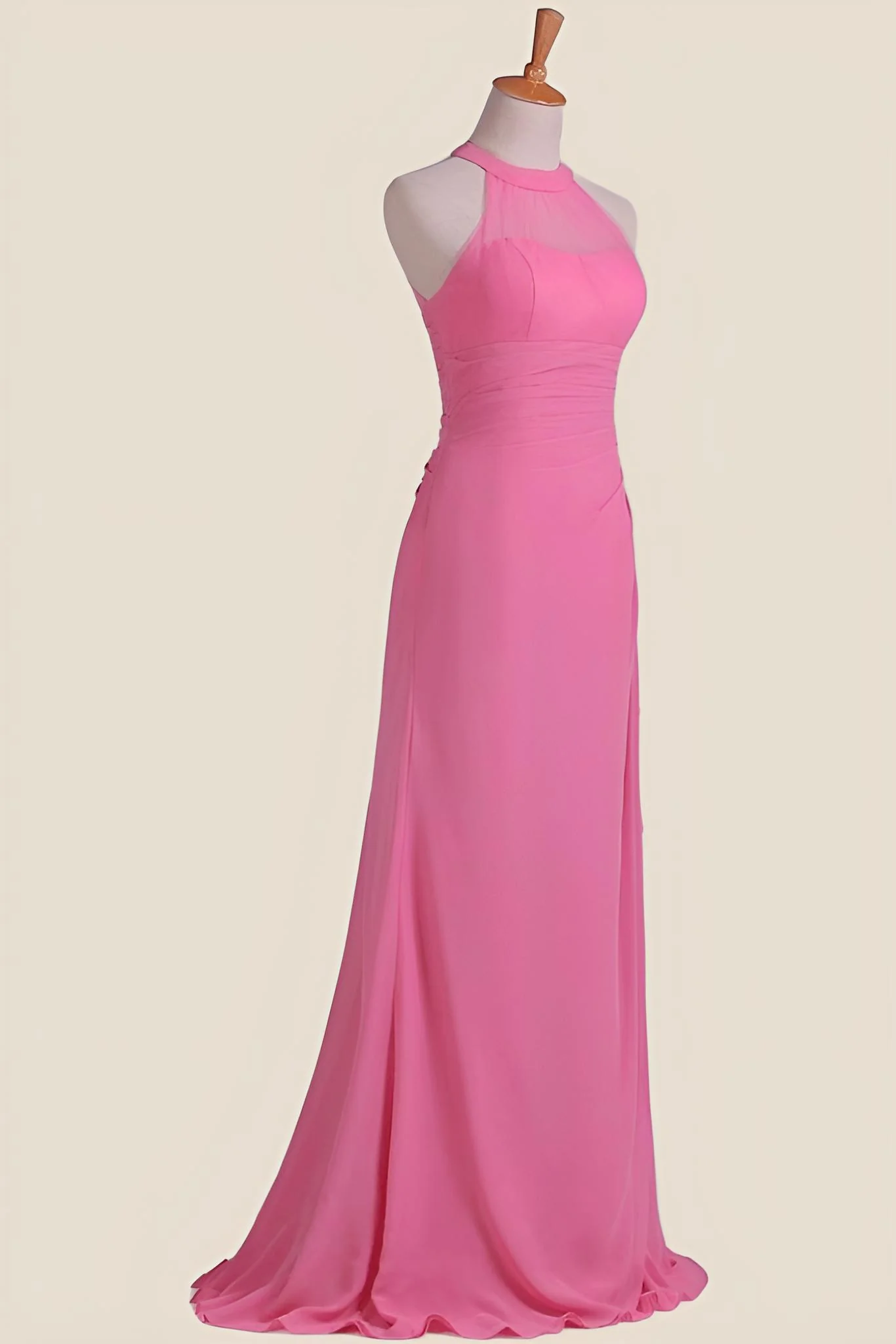 Hot Pink Halter Chiffon Draped Long Dress - Image 3