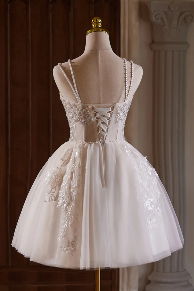 Ivory Lace-up Beaded Floral Appliques Short Princess Dress - Image 2