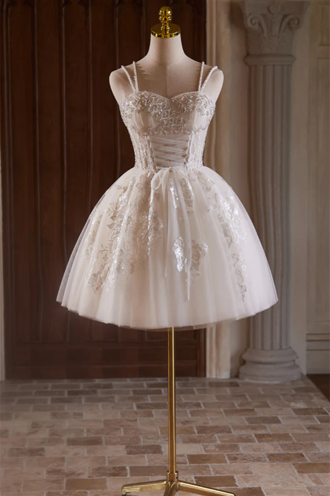Ivory Lace-up Beaded Floral Appliques Short Princess Dress - Image 3