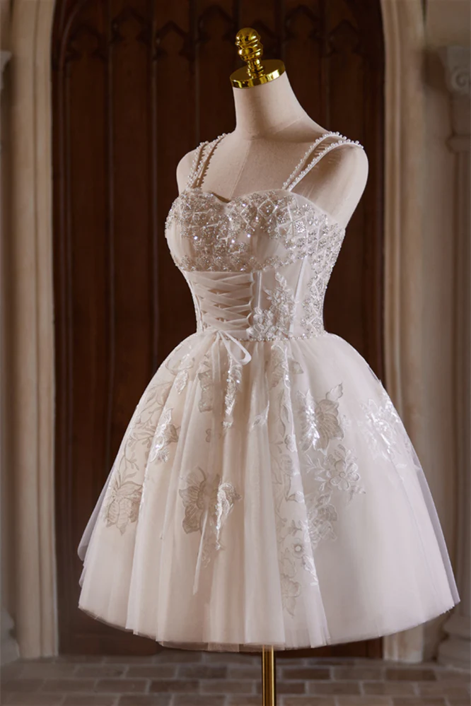Ivory Lace-up Beaded Floral Appliques Short Princess Dress - Image 4