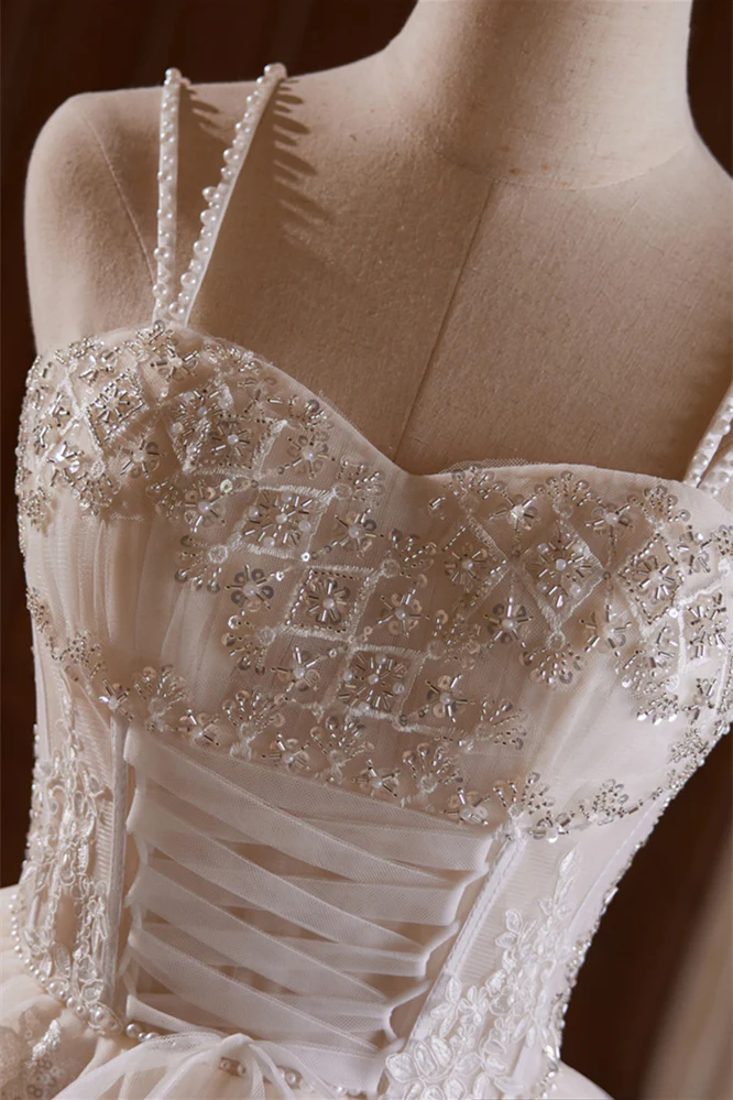 Ivory Lace-up Beaded Floral Appliques Short Princess Dress - Image 5