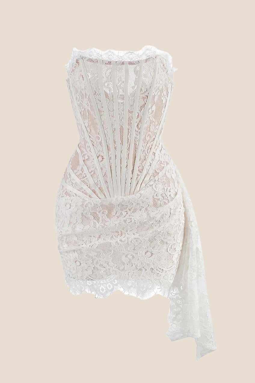Strapless Black Tight Lace Short Dress with Train - Image 11
