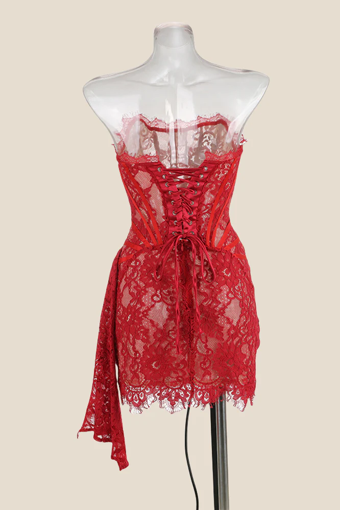 Strapless Black Tight Lace Short Dress with Train - Image 6