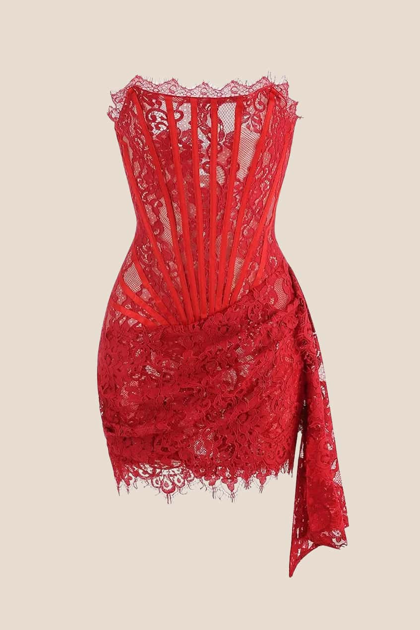 Strapless Black Tight Lace Short Dress with Train - Image 10