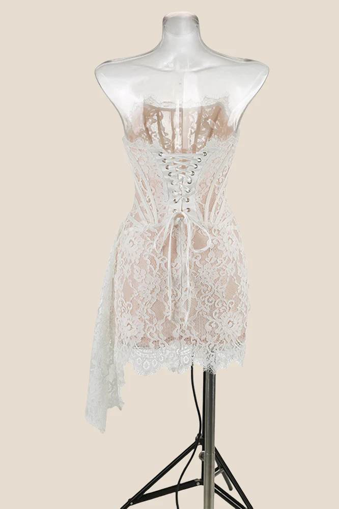 Strapless Black Tight Lace Short Dress with Train - Image 8