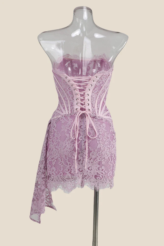 Strapless Black Tight Lace Short Dress with Train - Image 7