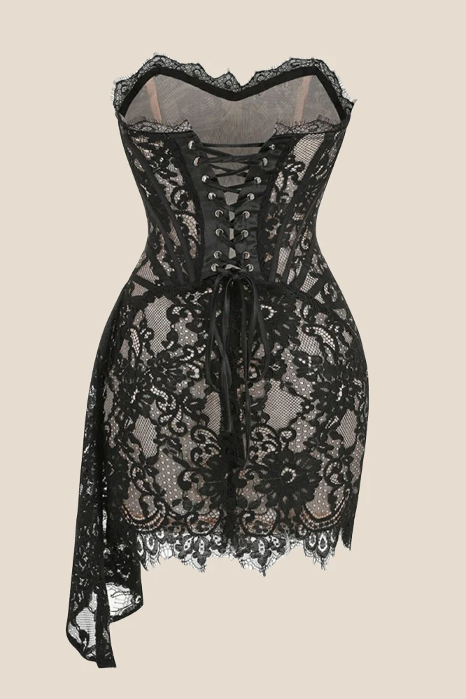 Strapless Black Tight Lace Short Dress with Train - Image 2