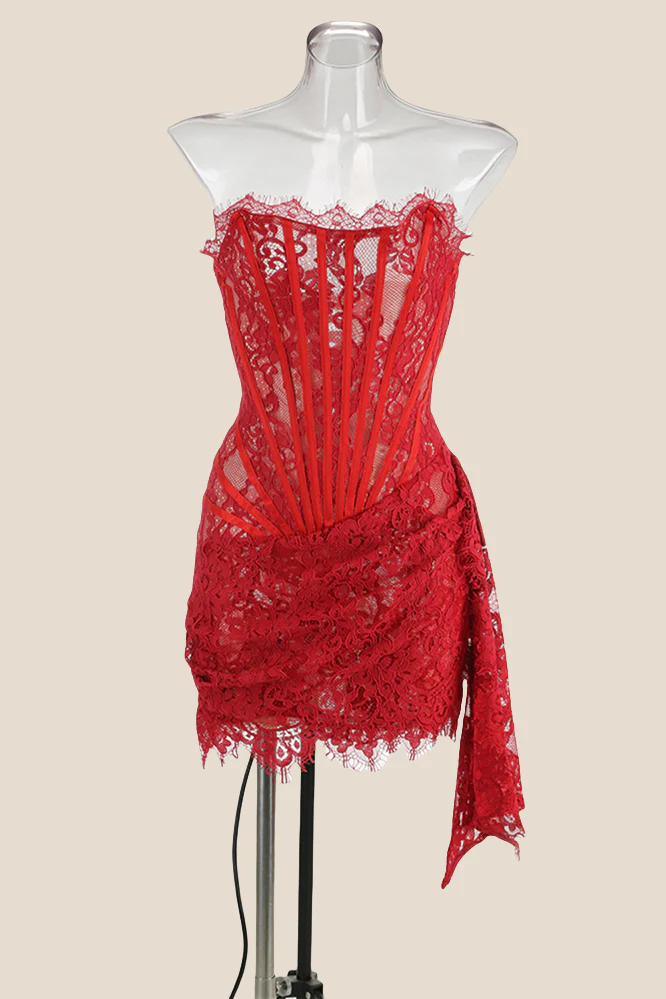 Strapless Black Tight Lace Short Dress with Train - Image 3
