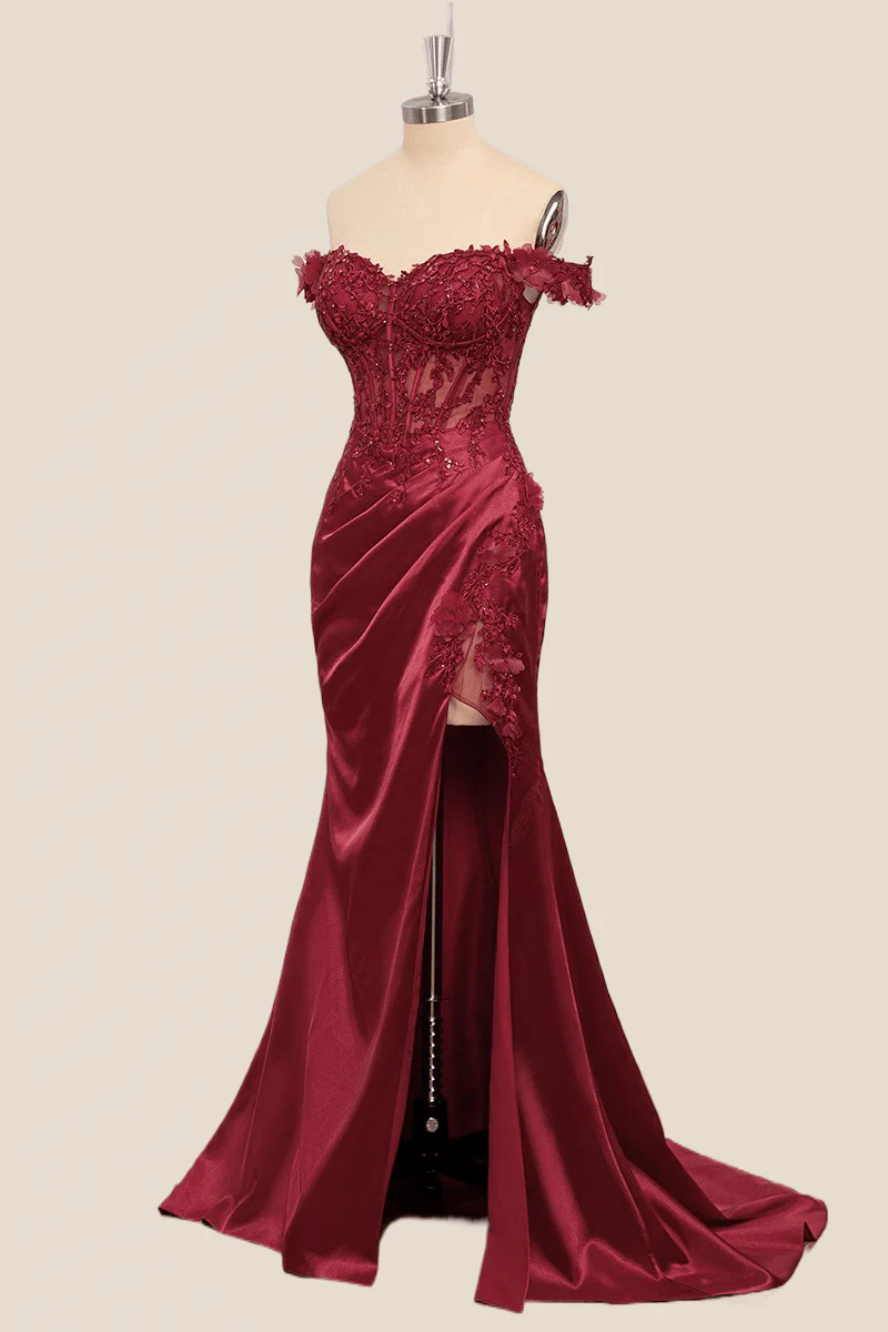 Lace Off the Shoulder Wine Red Satin Mermaid Dress - Image 13