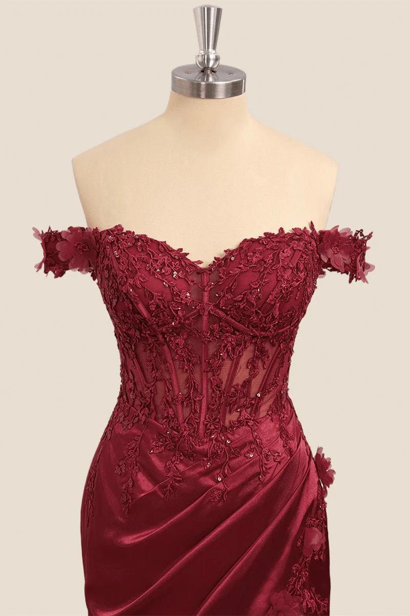 Lace Off the Shoulder Wine Red Satin Mermaid Dress - Image 14