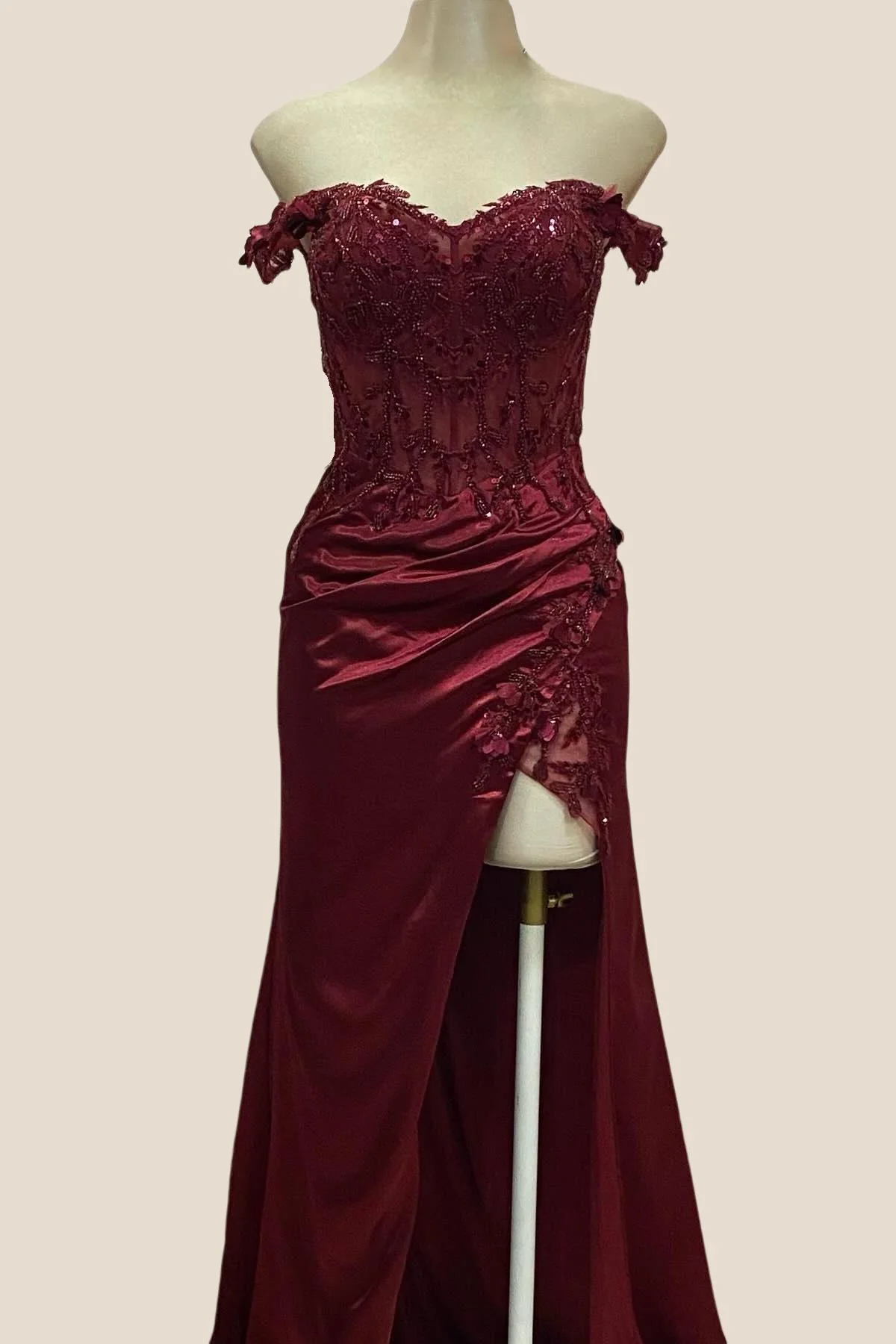 Lace Off the Shoulder Wine Red Satin Mermaid Dress - Image 15
