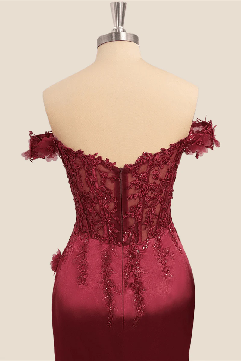 Lace Off the Shoulder Wine Red Satin Mermaid Dress - Image 2