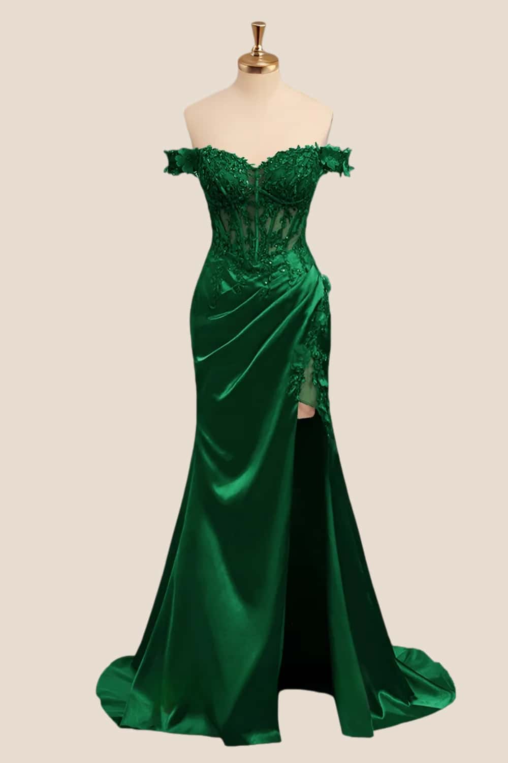 Lace Off the Shoulder Wine Red Satin Mermaid Dress - Image 4