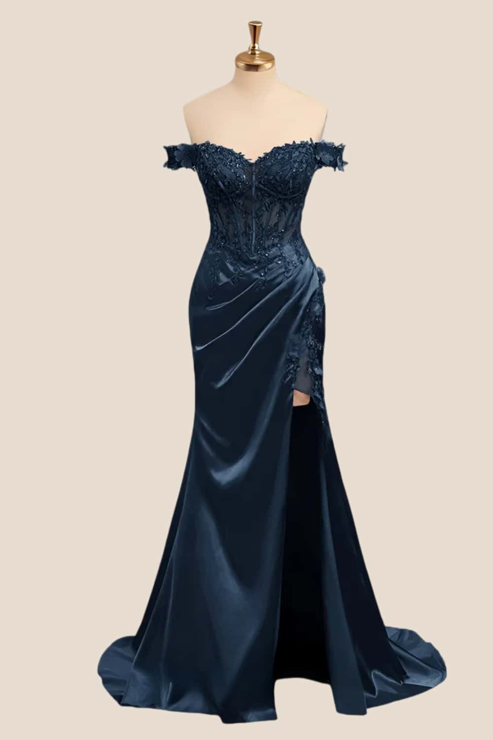 Lace Off the Shoulder Wine Red Satin Mermaid Dress - Image 5