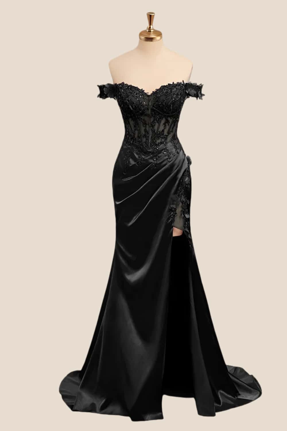 Lace Off the Shoulder Wine Red Satin Mermaid Dress - Image 6