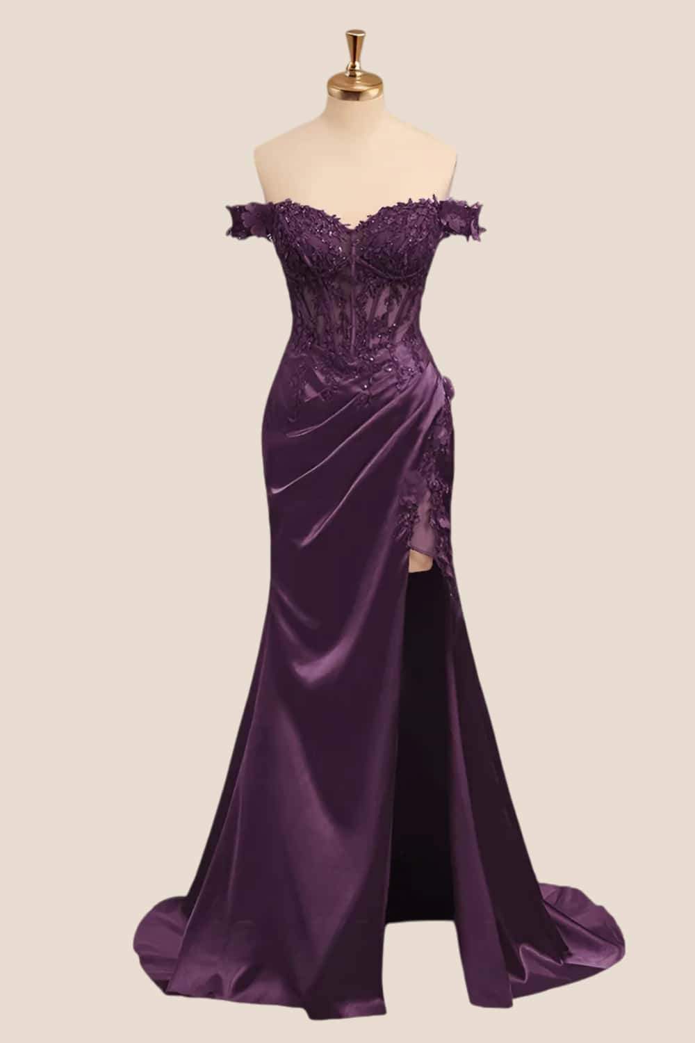Lace Off the Shoulder Wine Red Satin Mermaid Dress - Image 7