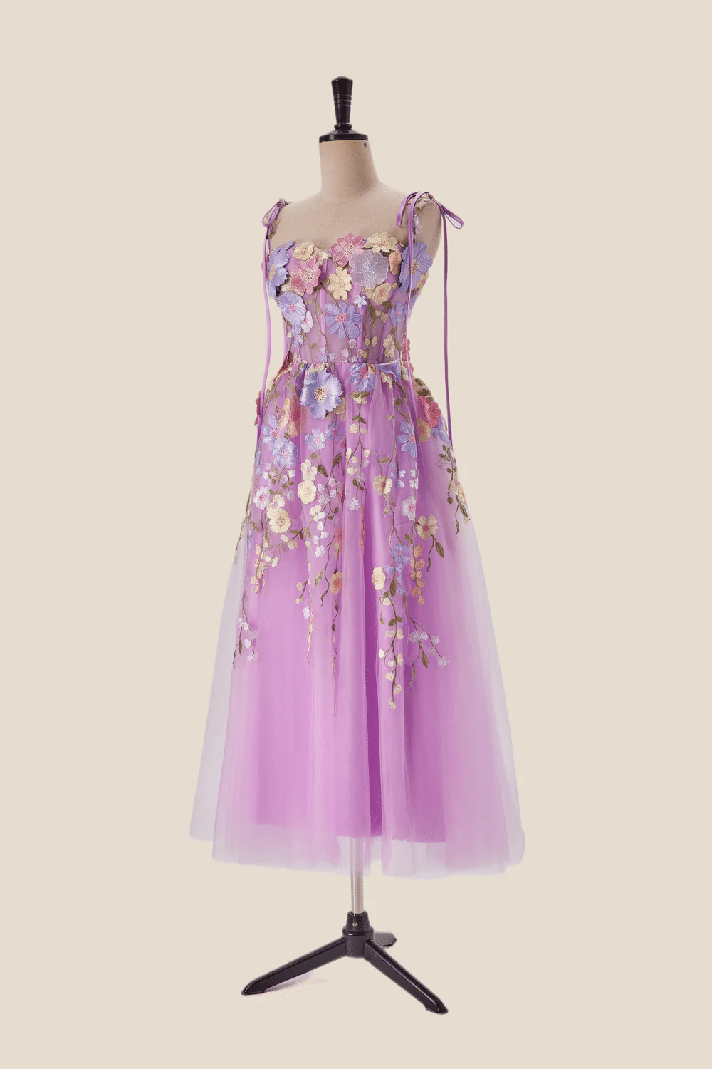 Lavender Floral Embroidered Corset Midi Dress - Image 4
