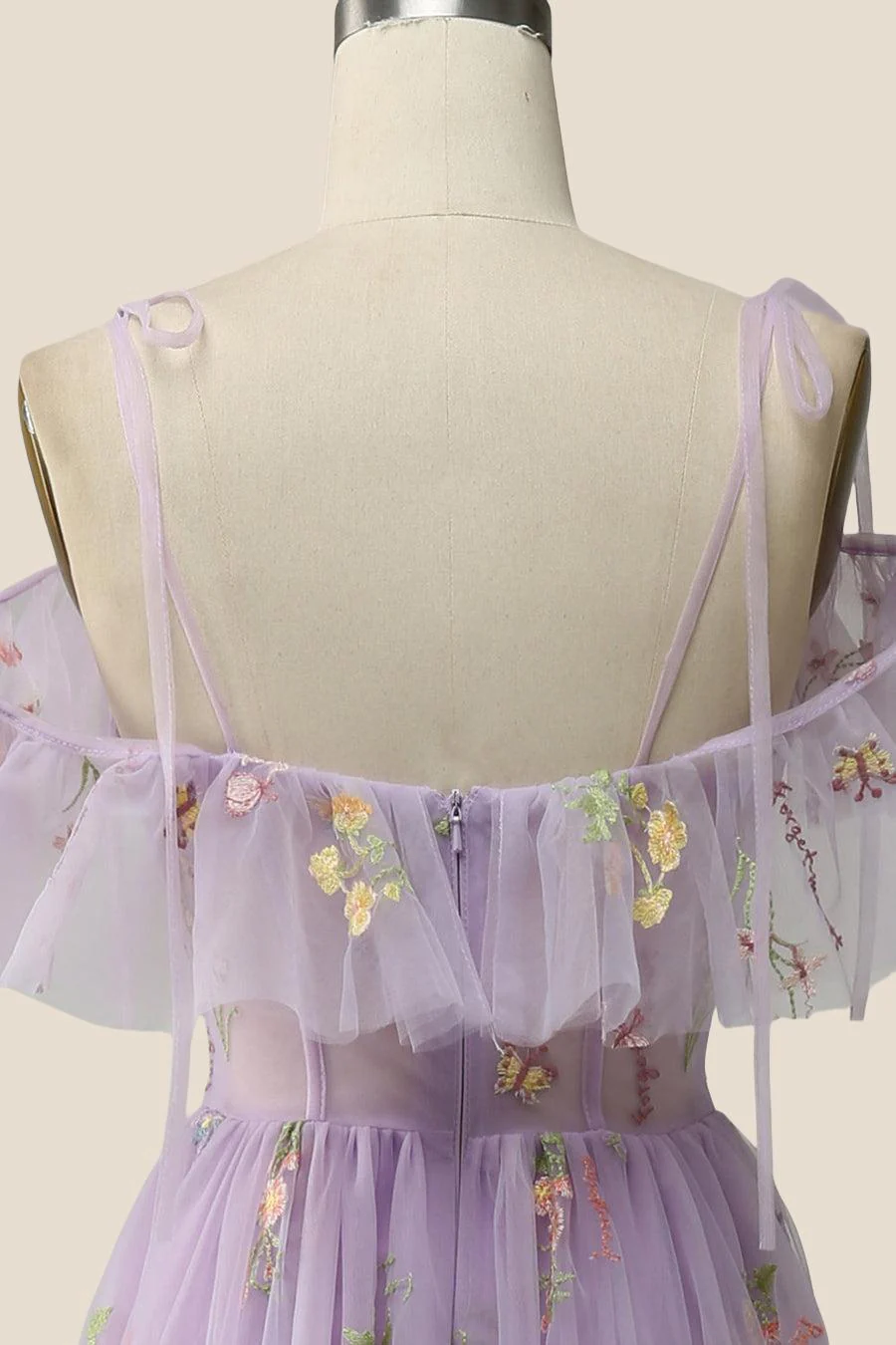 Lavender Floral Ruffles Tulle A-line Long Prom Dress - Image 16