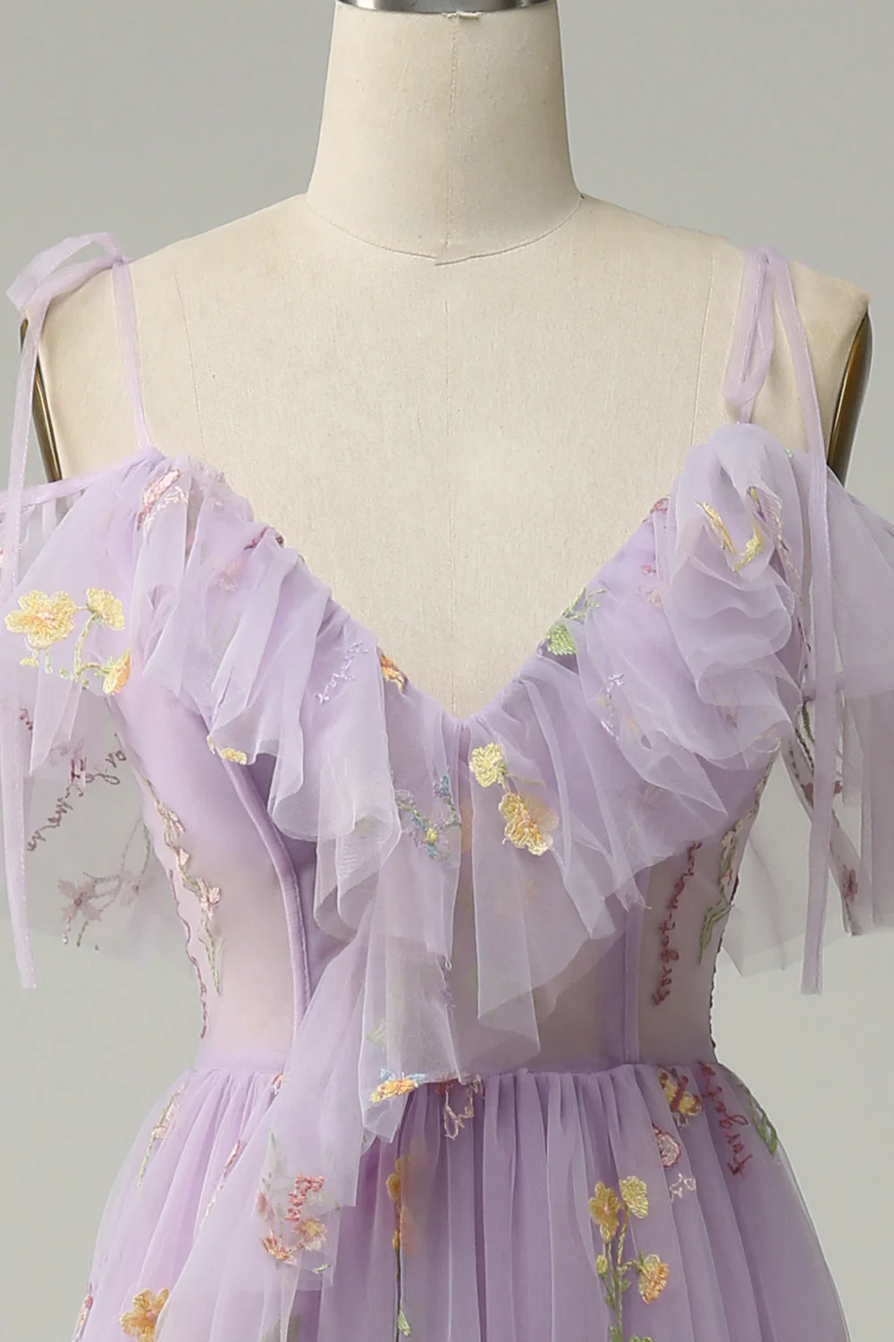 Lavender Floral Ruffles Tulle A-line Long Prom Dress - Image 4