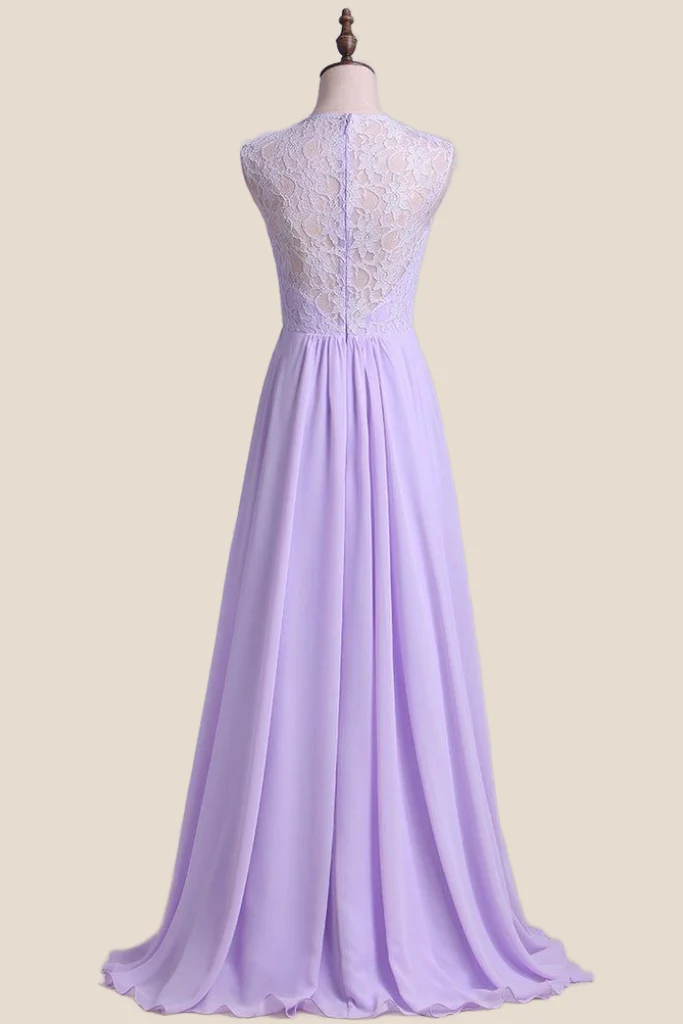 Lavender Lace and Chiffon A-line Long Bridesmaid Dress - Image 2