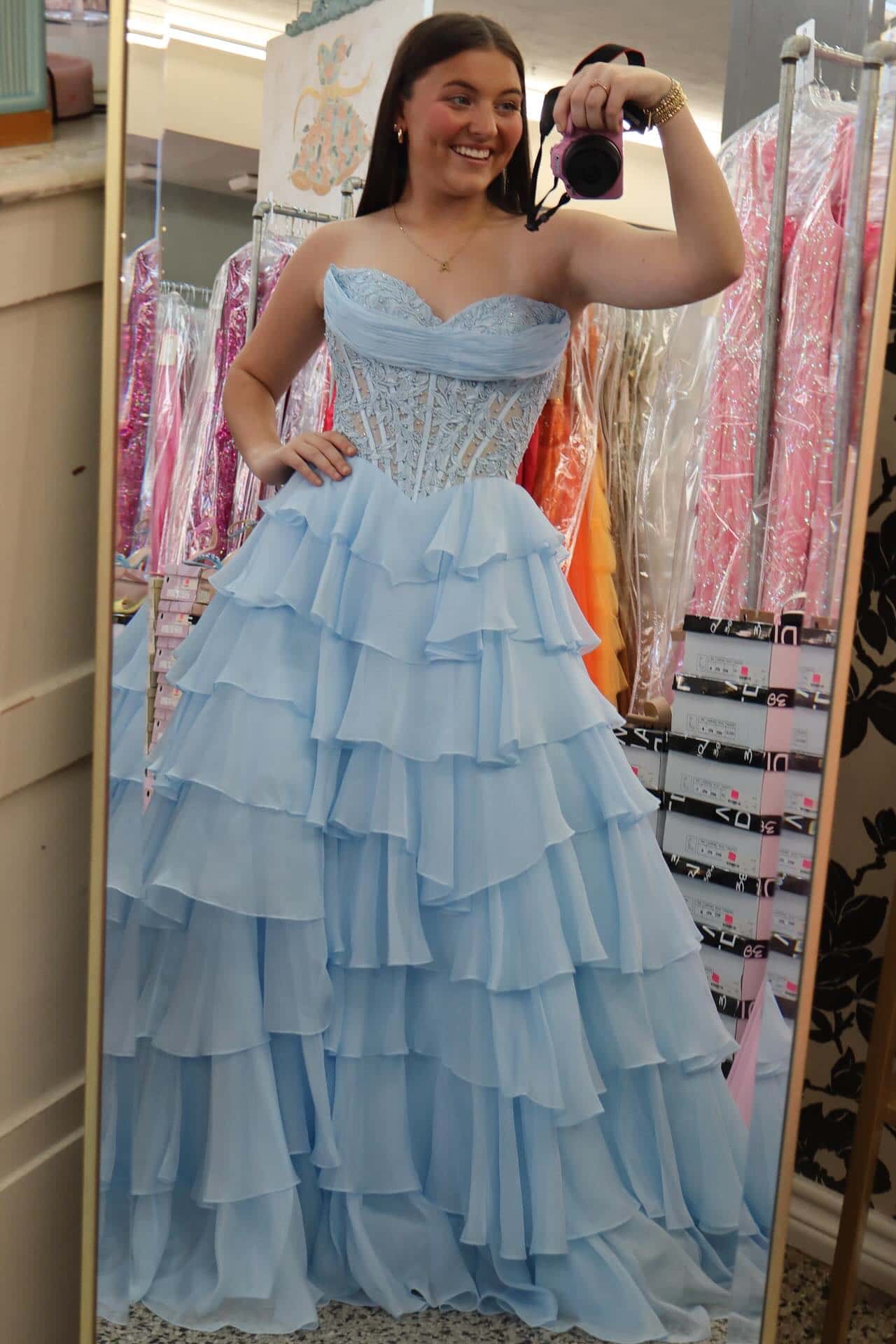 Lavender Lace Corset Chiffon Ruffle Long Dress - Image 4