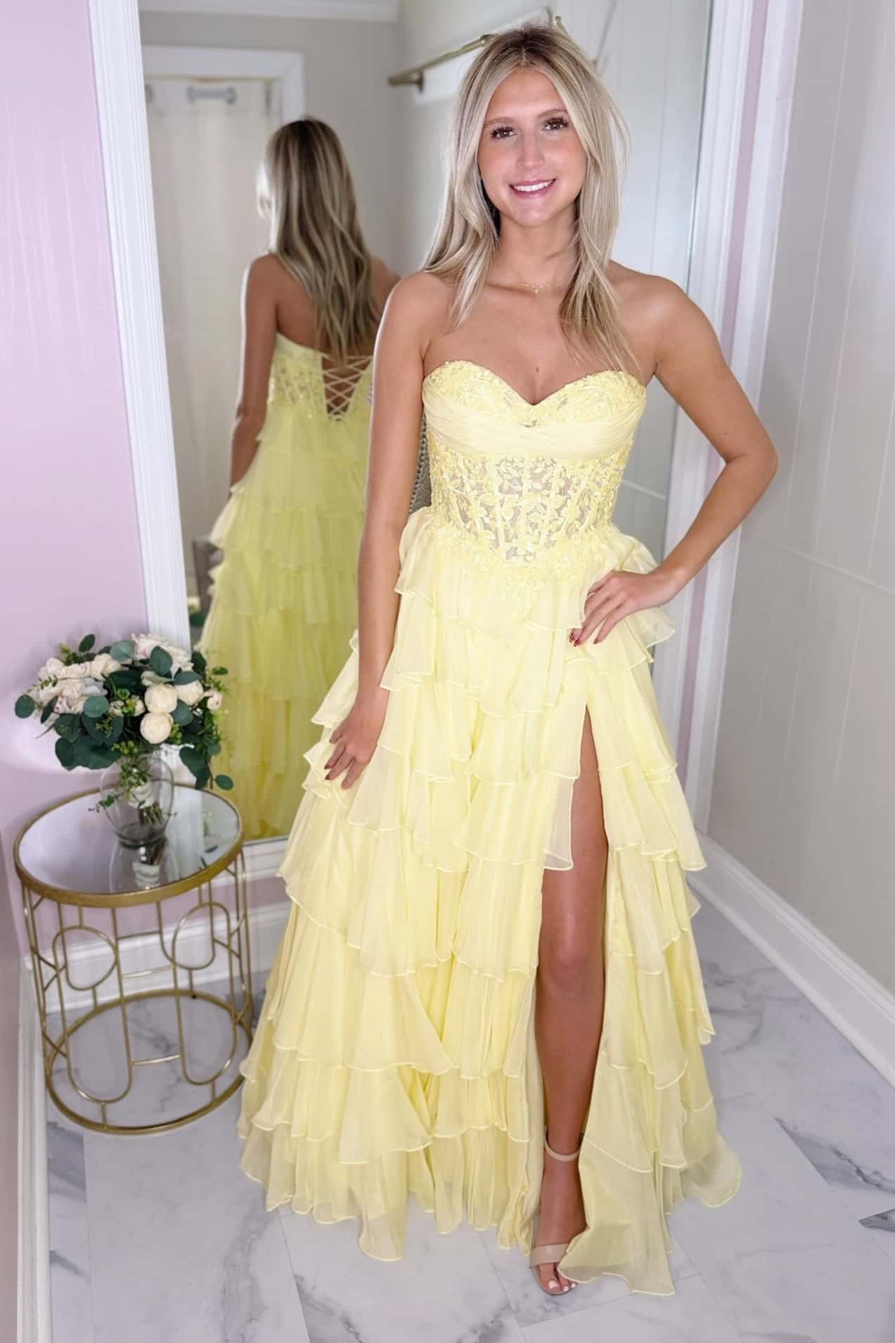 Lavender Lace Corset Chiffon Ruffle Long Dress - Image 8