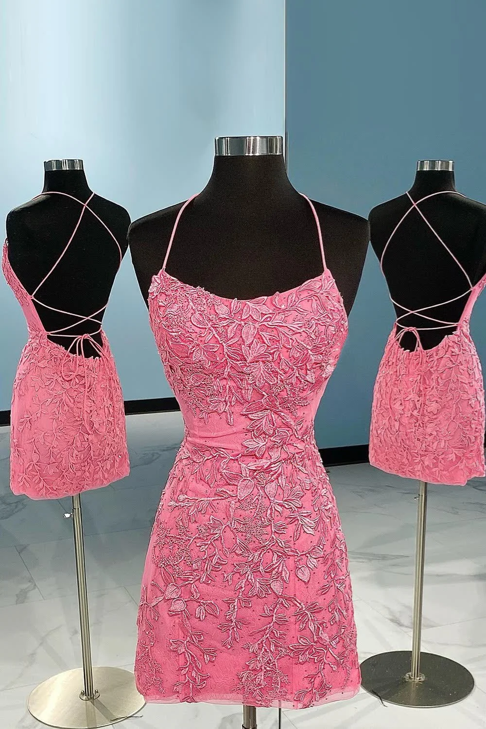 Light Blue Lace Straps Tight Mini Dress - Image 3