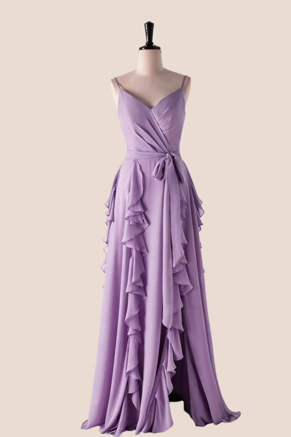 Lavender Ruffles Faux Wrap Bridesmaid Dress