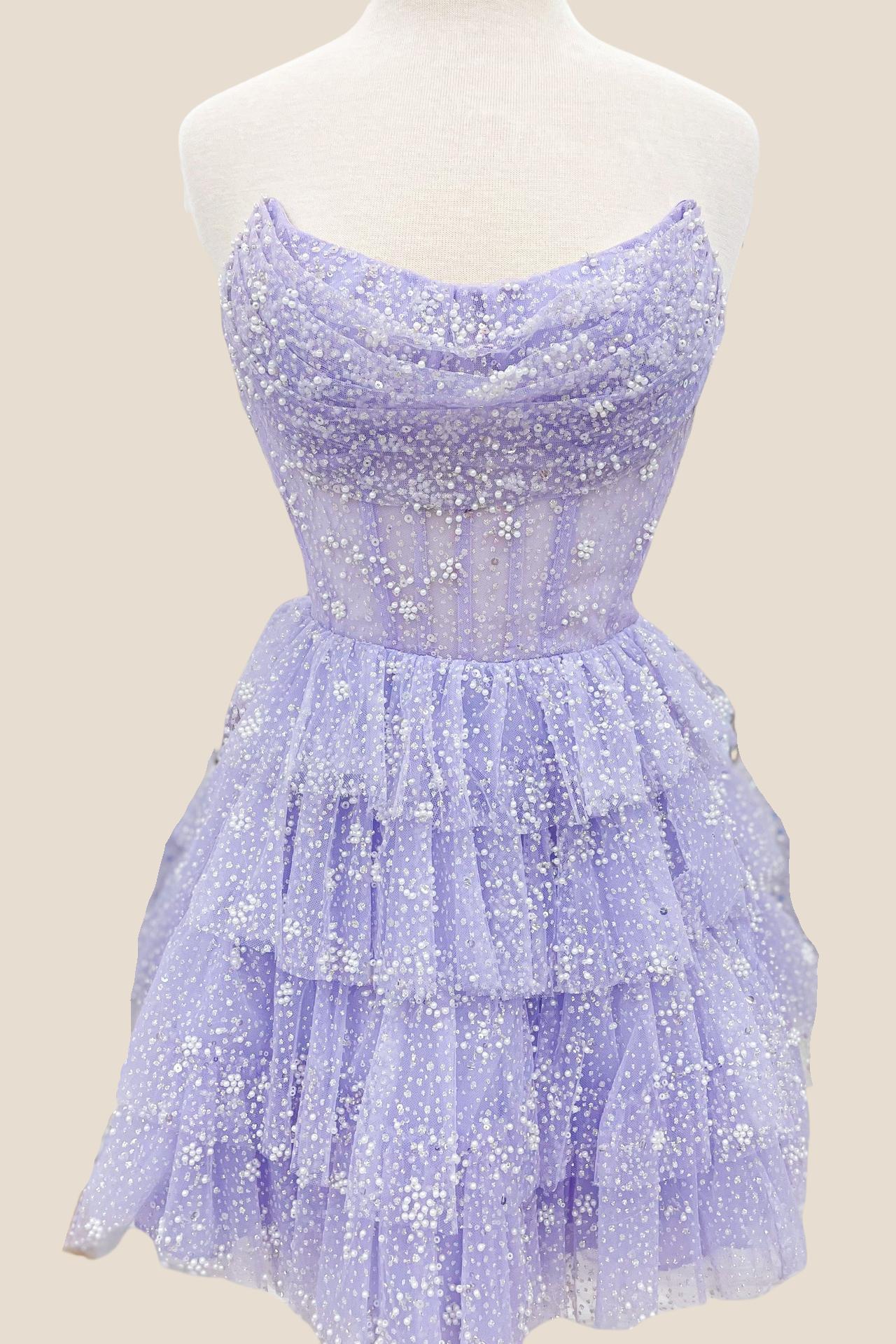Lavender Sparkle Tulle Tiered Short Party Dress - Image 2