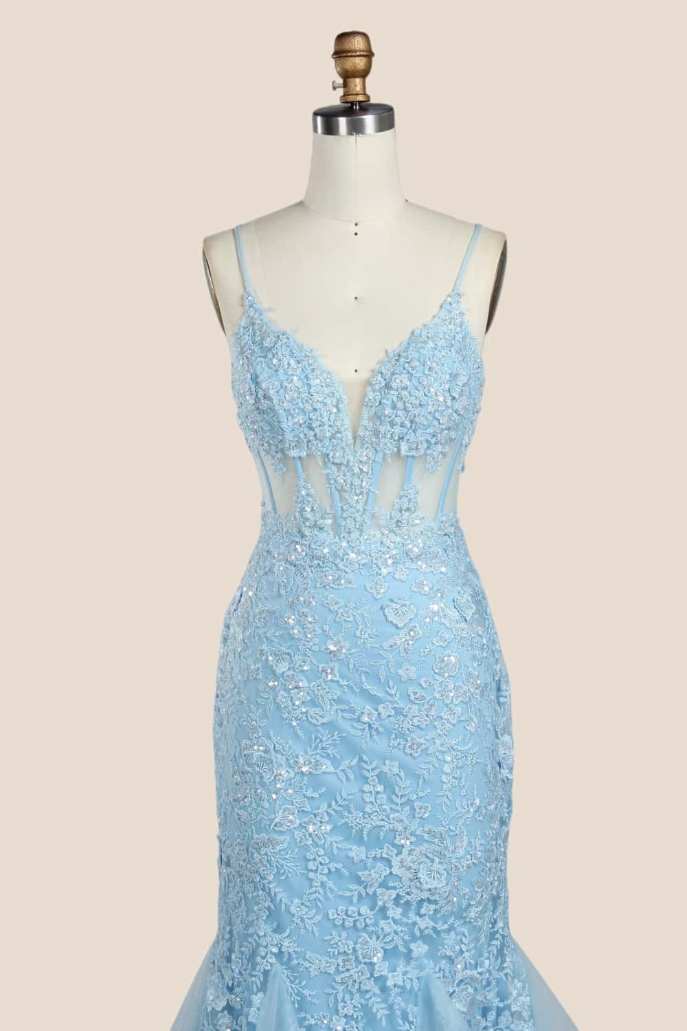 Light Blue Appliques Mermaid Long Formal Dress - Image 3
