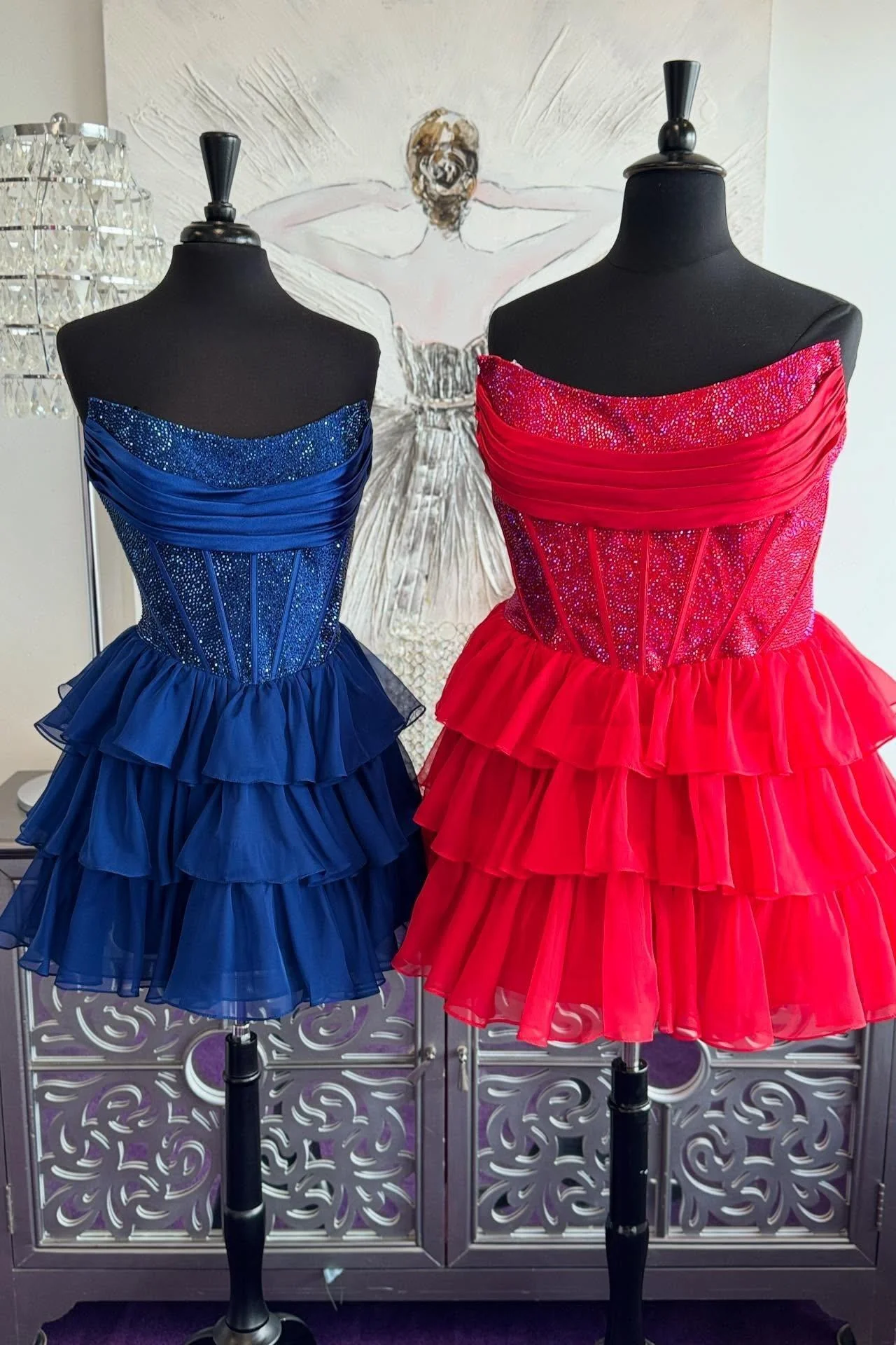 Light Blue Beaded Short Ruffle A-line Dress - Image 5