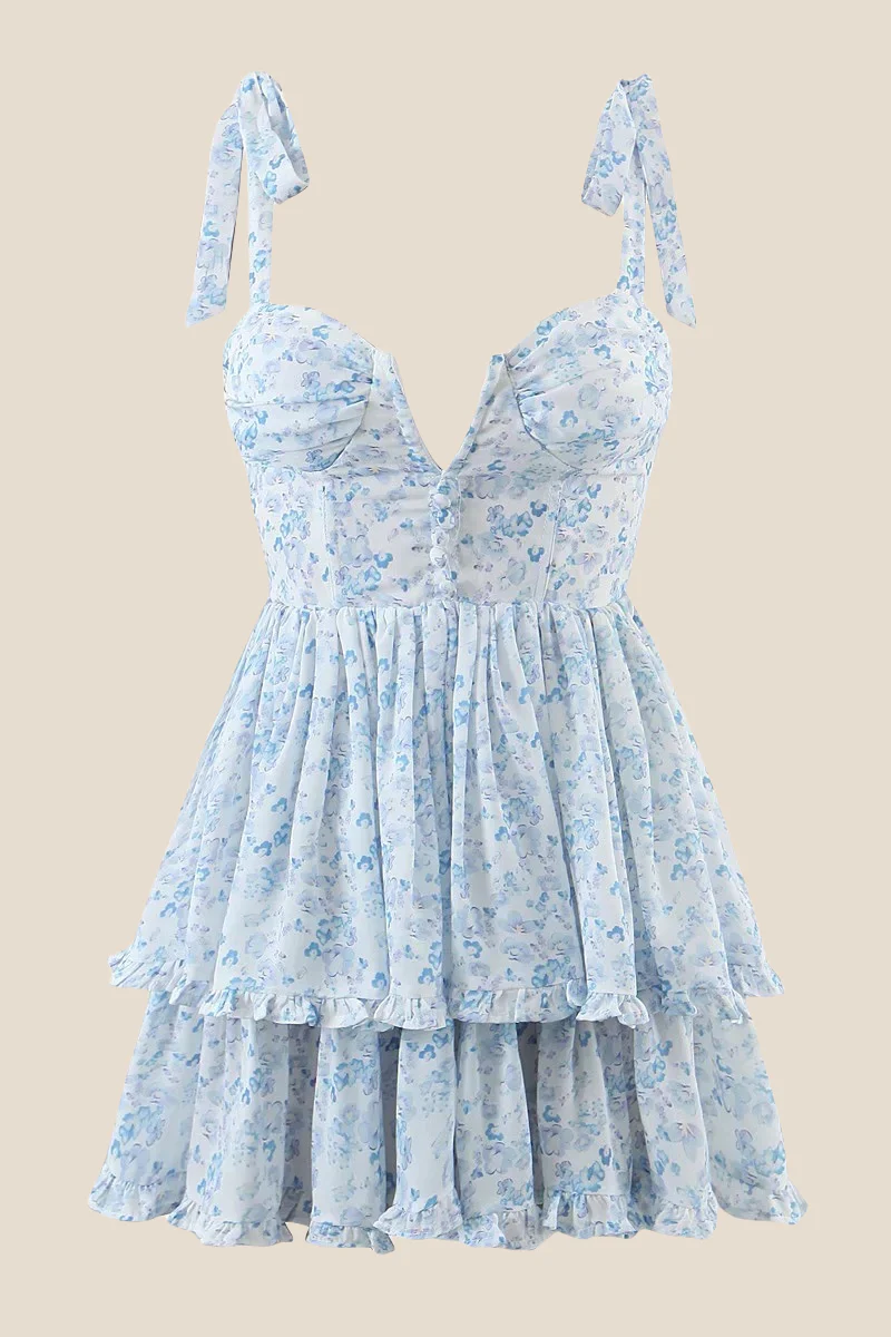 Light Blue Button Front Tiered Short Dress - Image 5