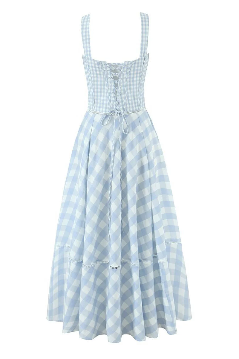 Light Blue Check Pattern A-line Dress - Image 2