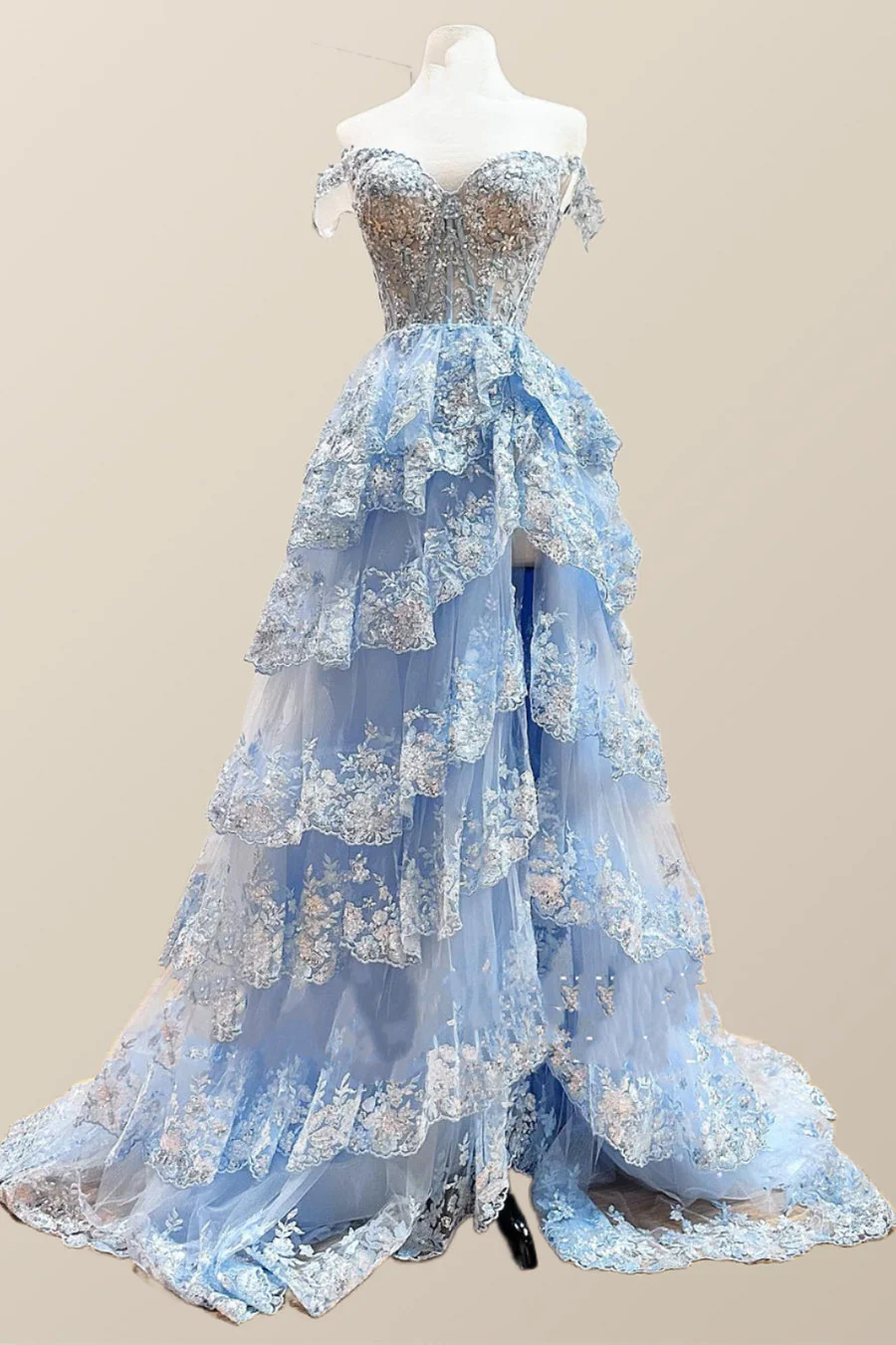 Navy Blue Corset Appliques Tulle Ruffles Dress - Image 3