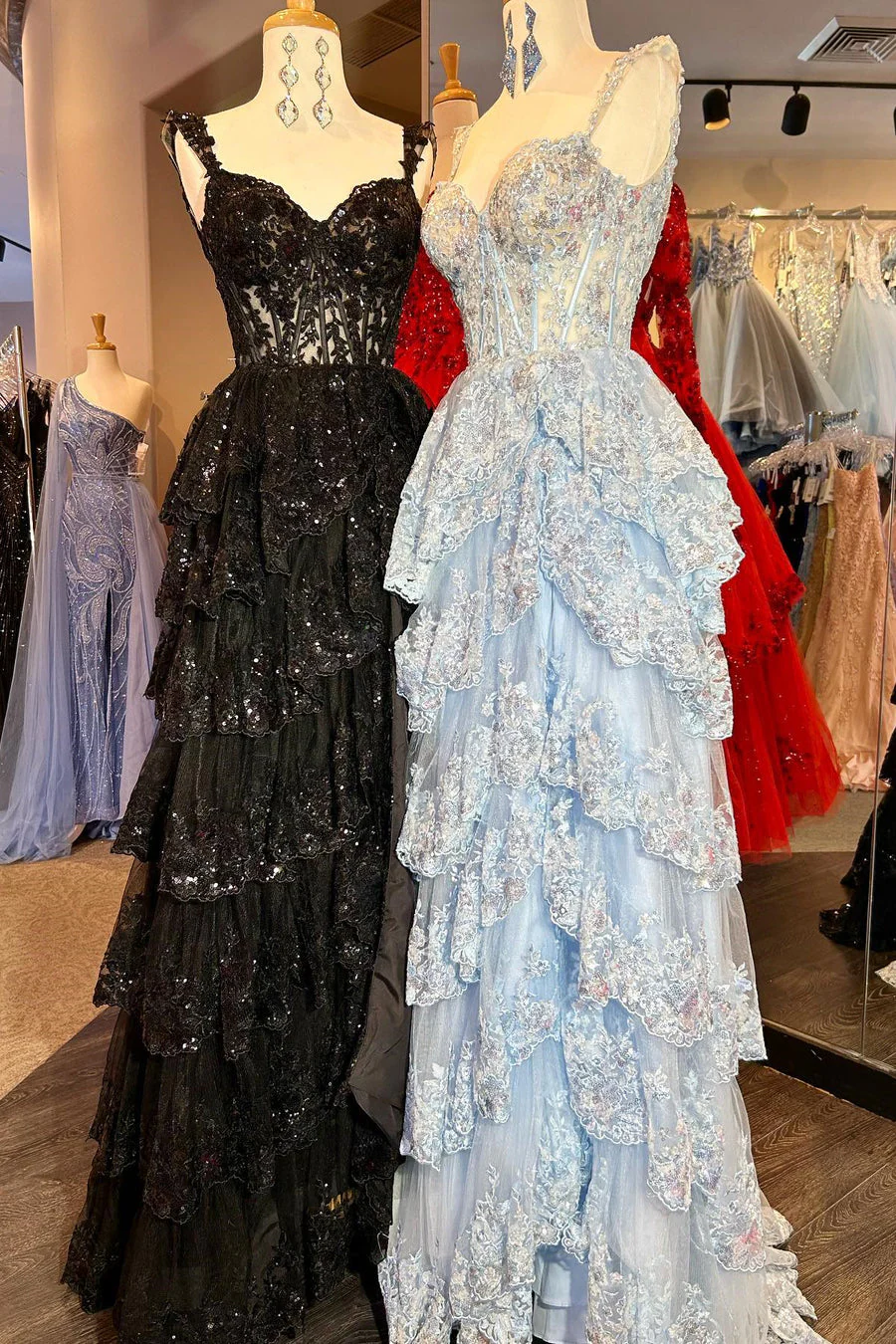 Navy Blue Corset Appliques Tulle Ruffles Dress - Image 4