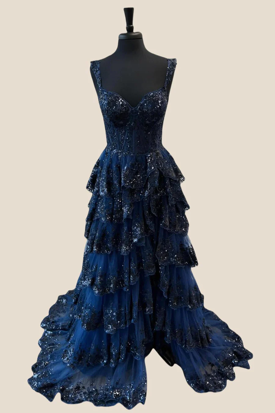 Navy Blue Corset Appliques Tulle Ruffles Dress - Image 7