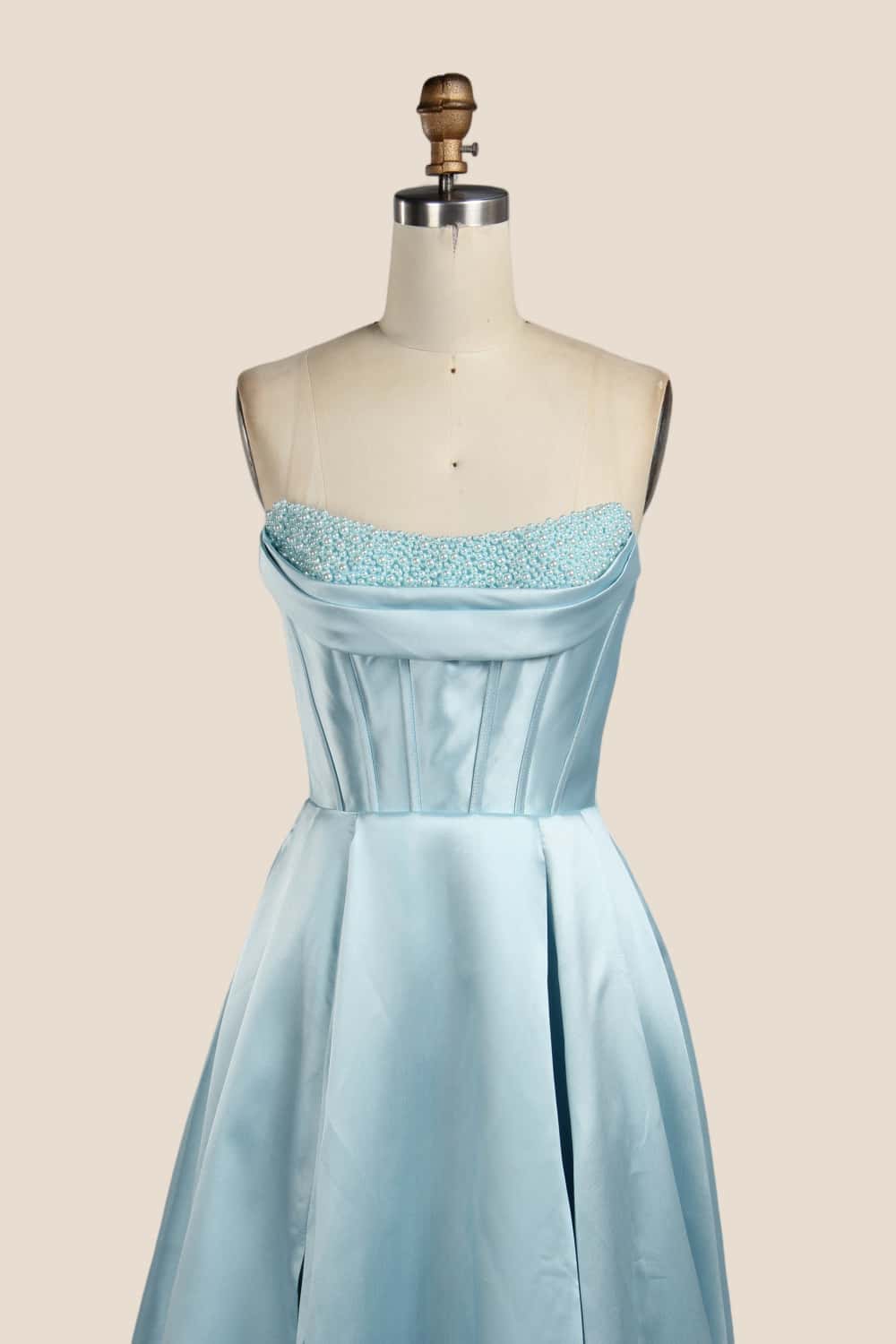 Light Blue Cowl Neck Pearls Satin Gown - Image 2