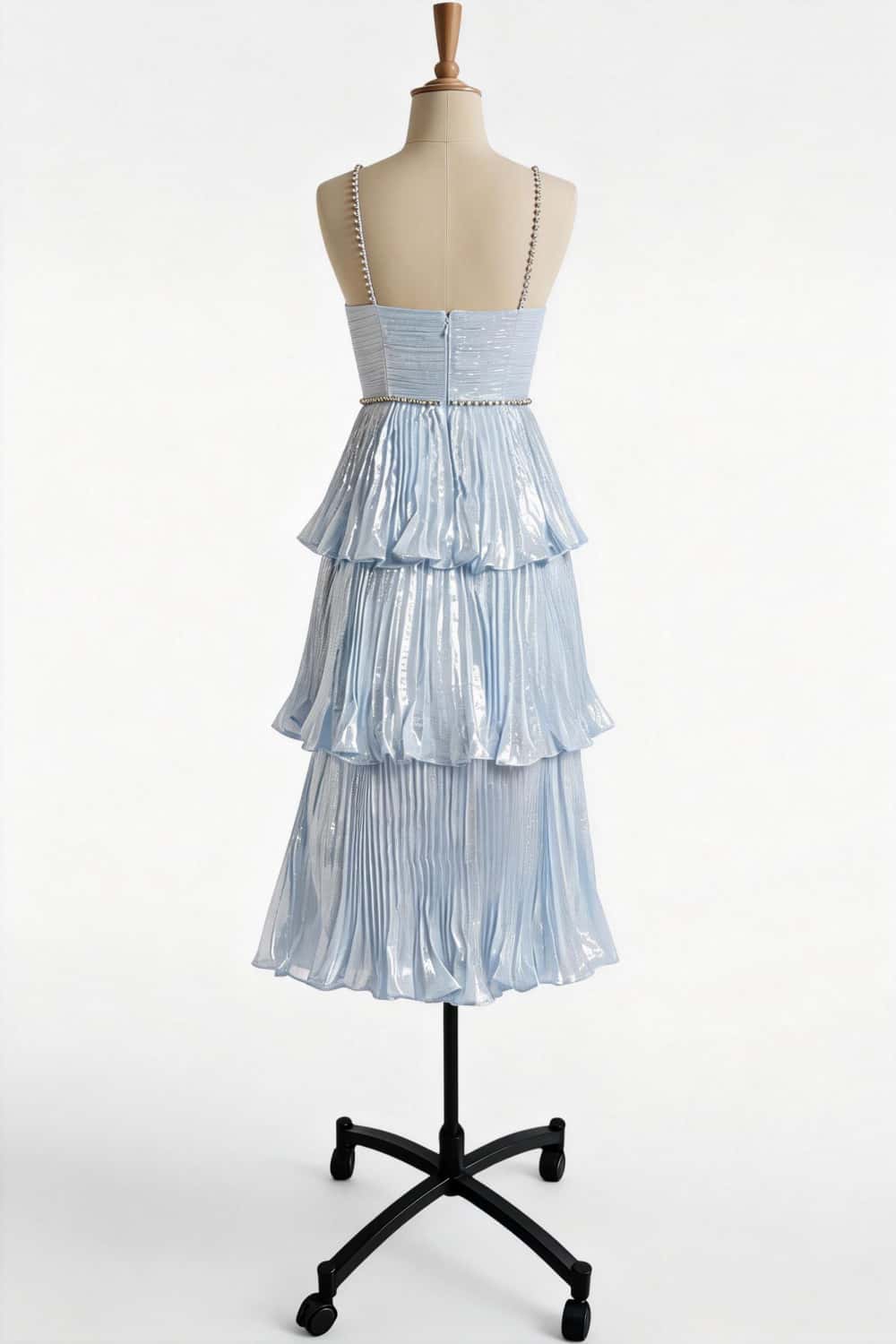 Light Blue Metallic Pleated Tiered Maxi Dress - Image 2