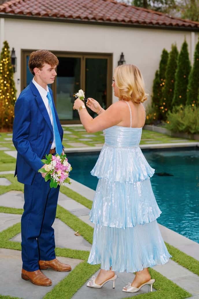 Light Blue Metallic Pleated Tiered Maxi Dress - Image 3