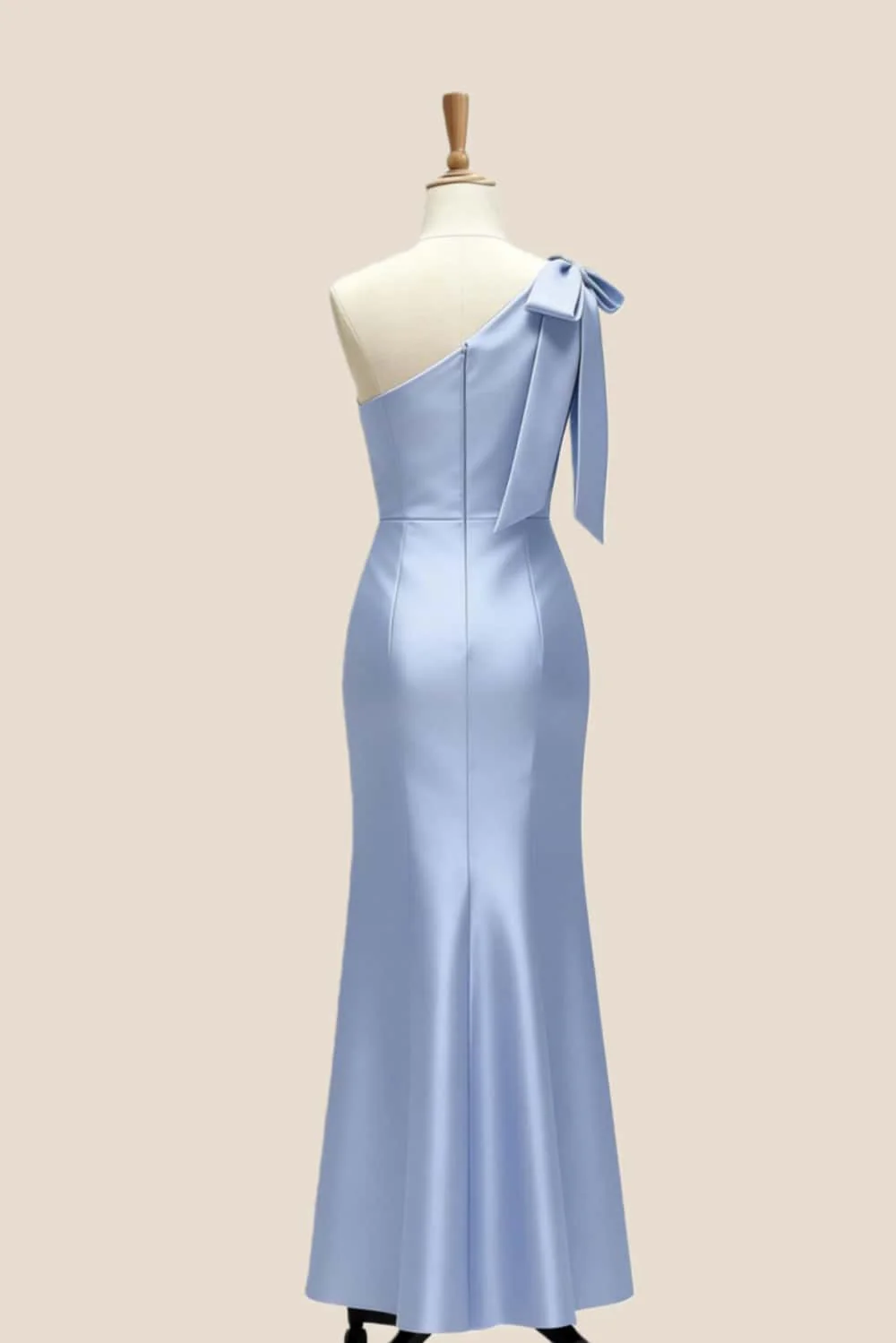 Light Blue One Shoulder Bow Bridesmaid Dress - Image 2