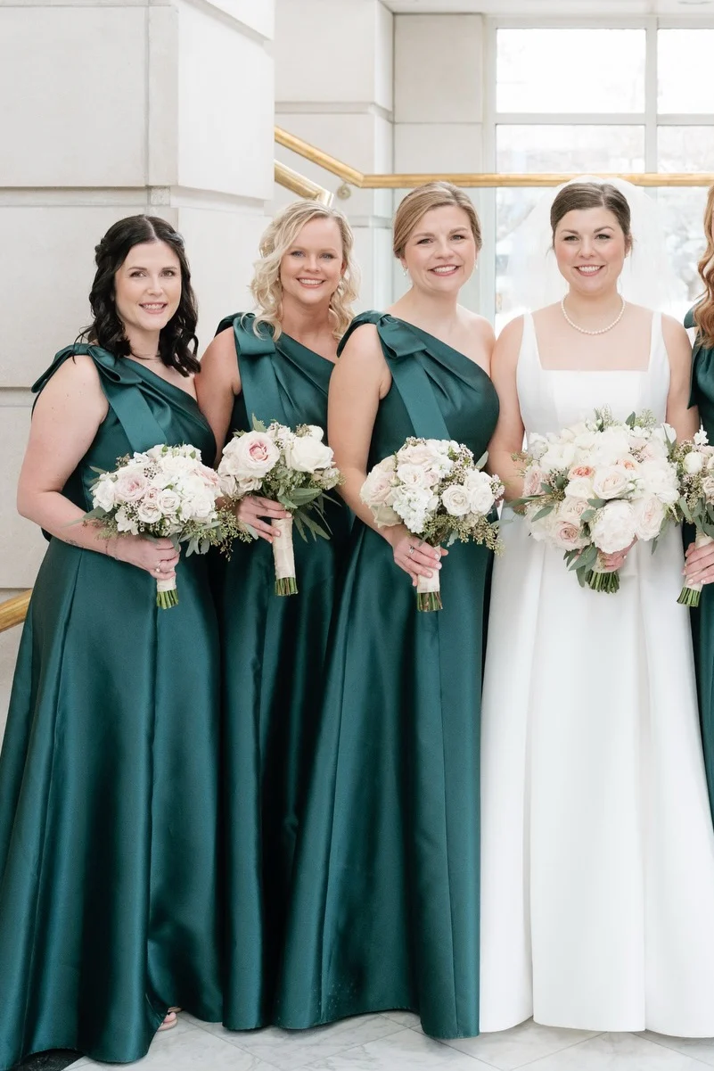 Light Blue One Shoulder Bow Bridesmaid Dress - Image 3