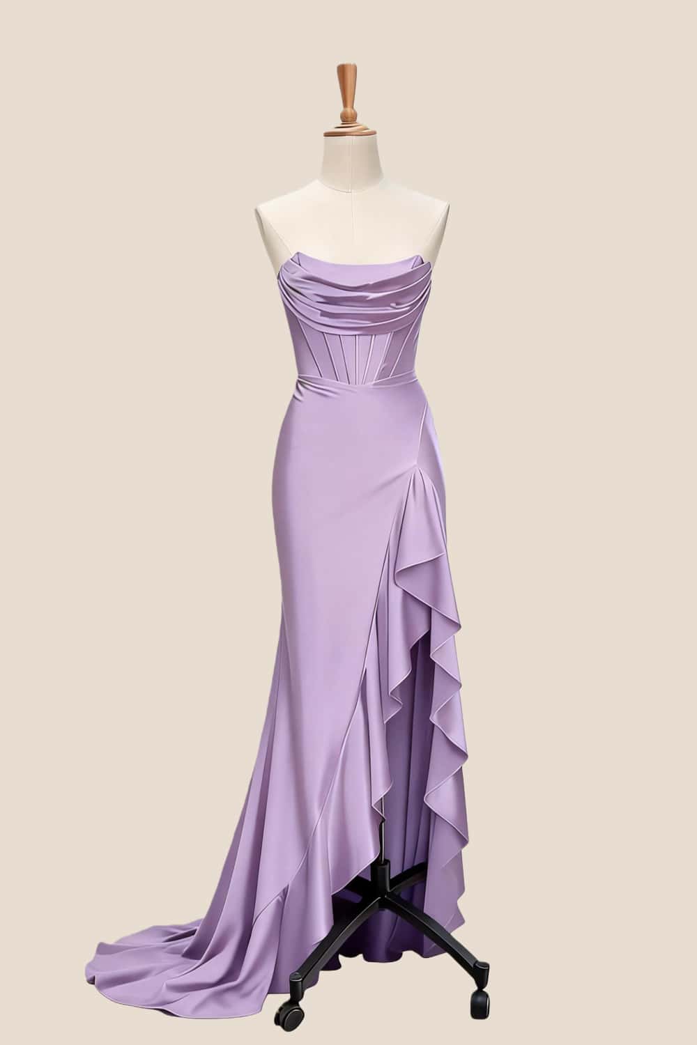 Light Blue Satin Cowl Neck Frill Slit Long Dress - Image 10