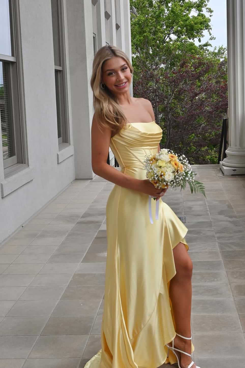Light Blue Satin Cowl Neck Frill Slit Long Dress - Image 11