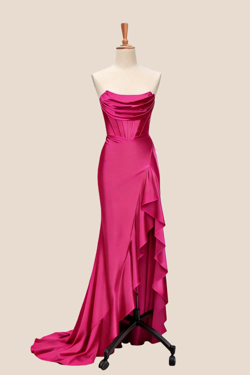 Light Blue Satin Cowl Neck Frill Slit Long Dress - Image 12