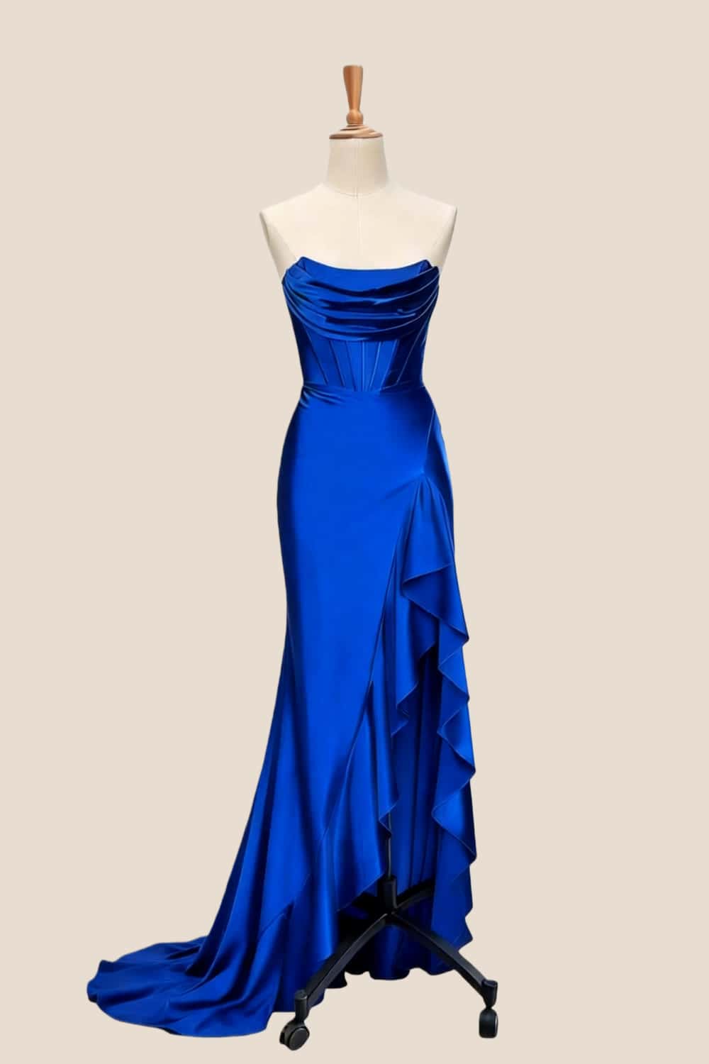 Light Blue Satin Cowl Neck Frill Slit Long Dress - Image 14