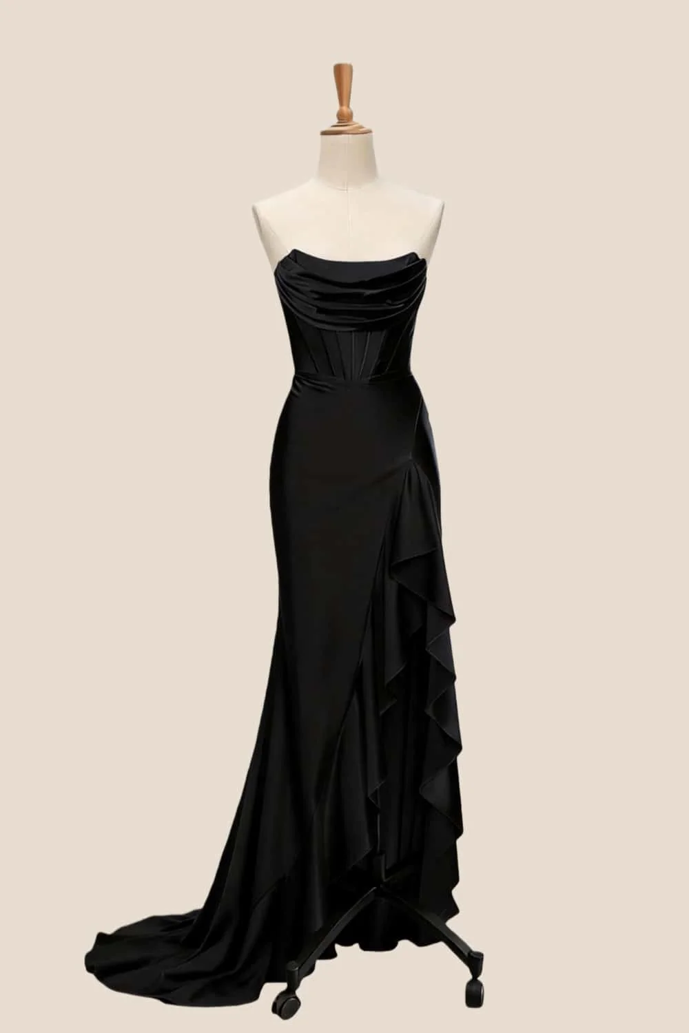 Light Blue Satin Cowl Neck Frill Slit Long Dress - Image 15