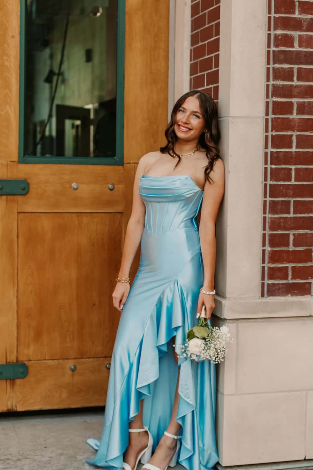 Light Blue Satin Cowl Neck Frill Slit Long Dress - Image 2
