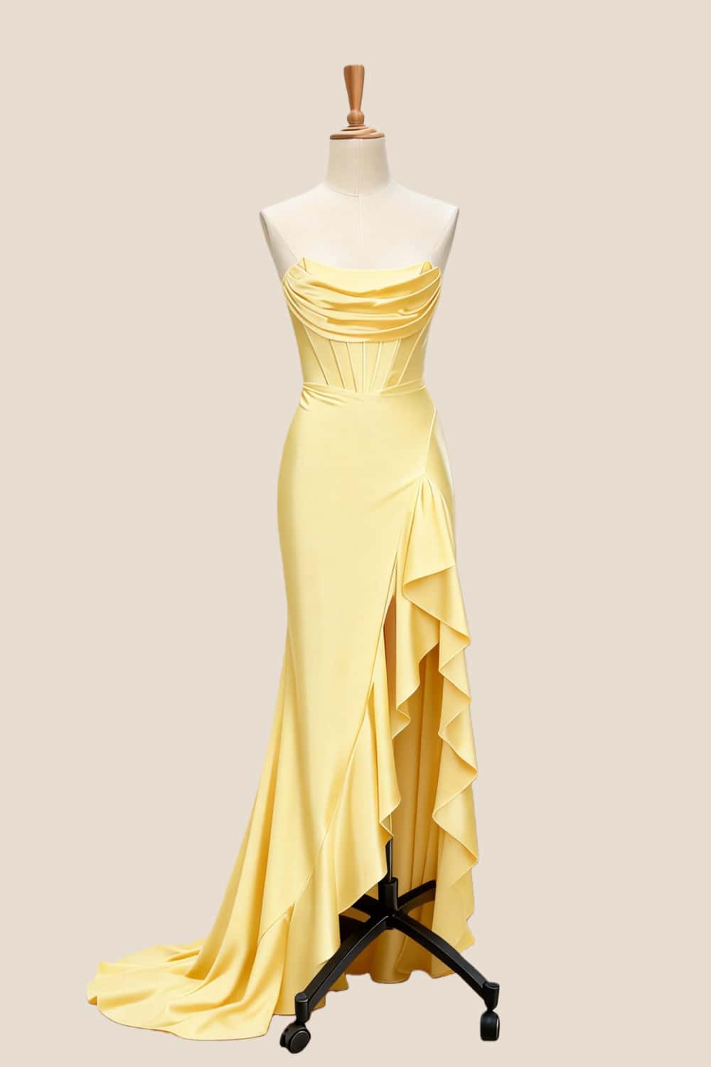 Light Blue Satin Cowl Neck Frill Slit Long Dress - Image 4